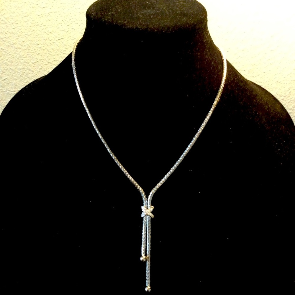 X-Drop Silver & Crystal Herringbone Necklace